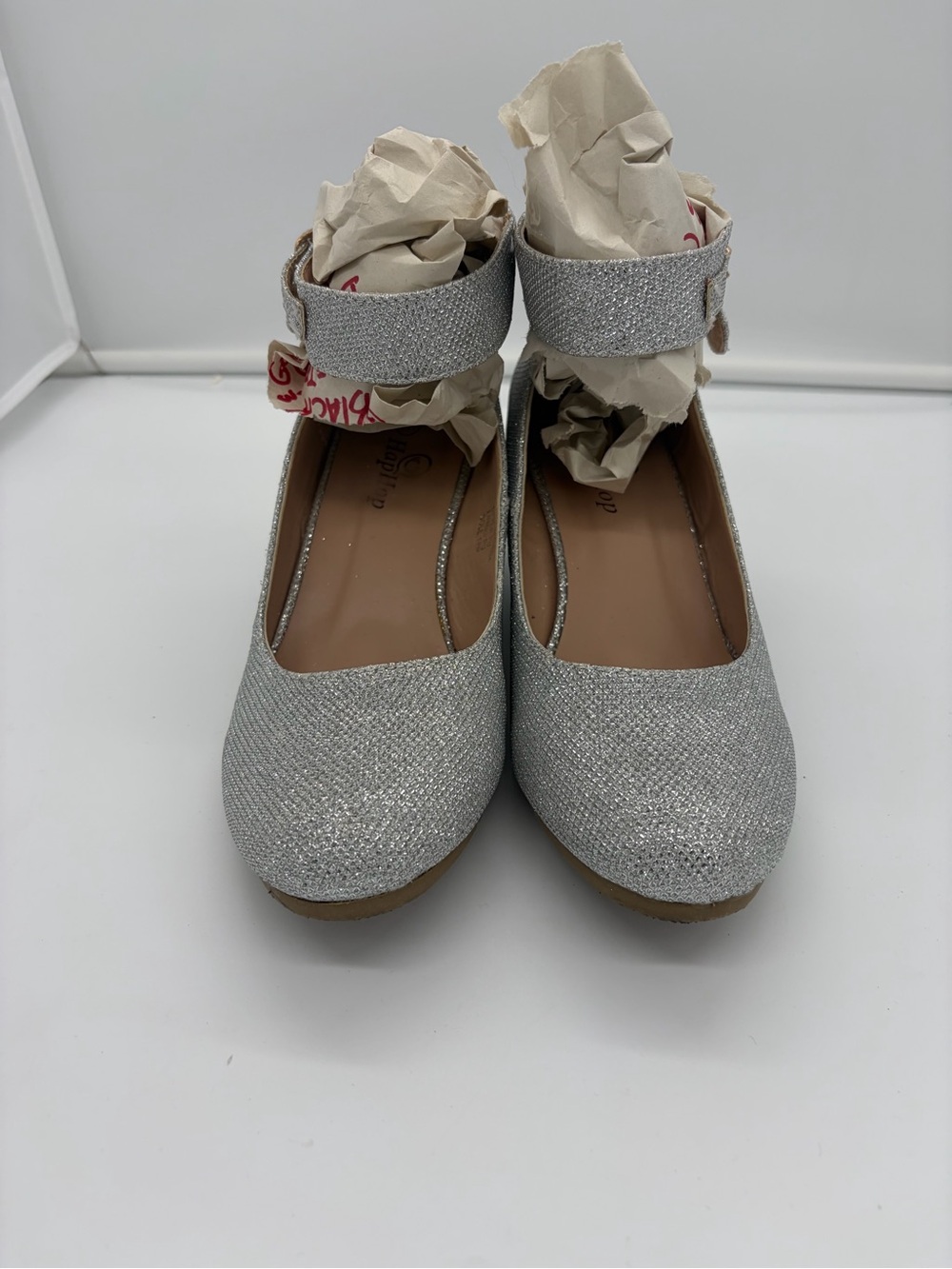 Women’s Silver Glitter Ankle-Strap Flats